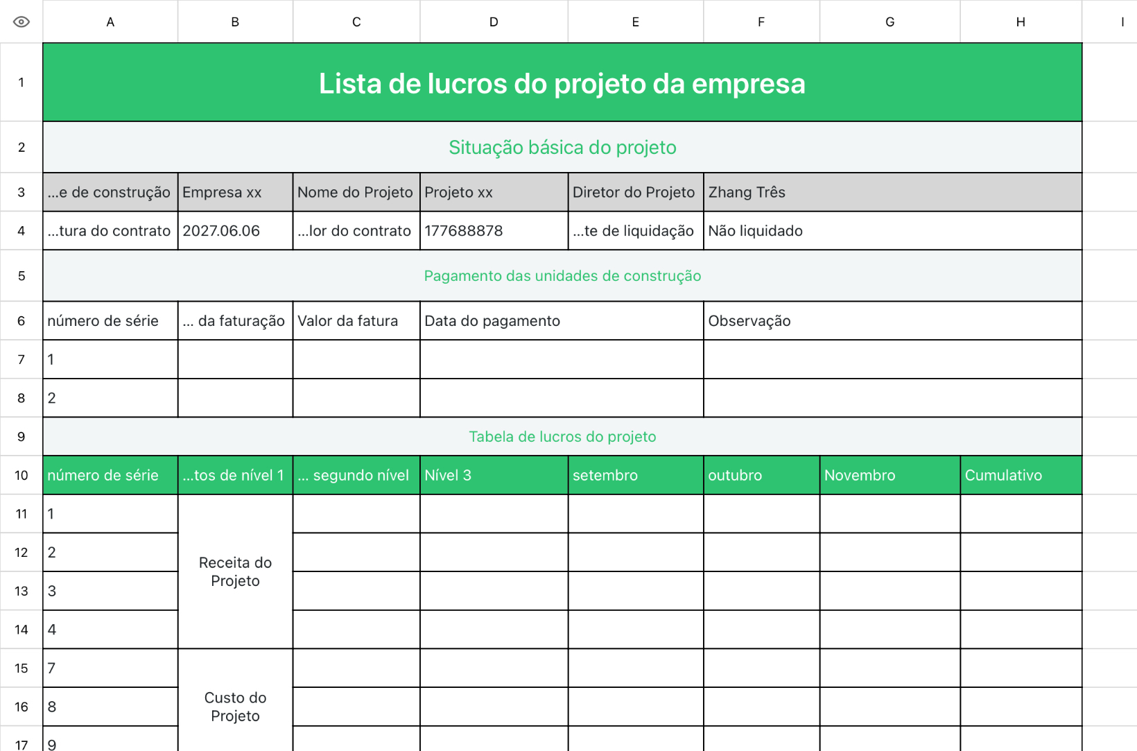 Lista de lucros do projeto da empresa